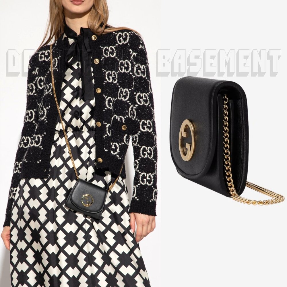 GUCCI black Leather BLONDIE Interlocking G Medium Wallet on chain Crossbody Bag - Picture 4 of 8